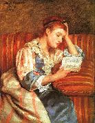 Mary Cassatt Mrs Duffee Seated on a Striped Sofa, Reading Germany oil painting reproduction